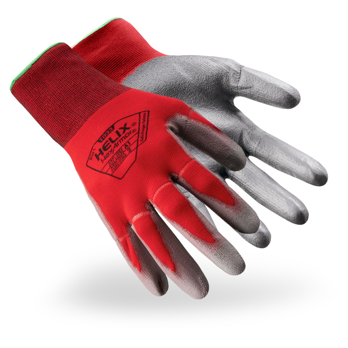 Red and grey Helix 1033 utility gloves shown side by side as they might appear on your hands.