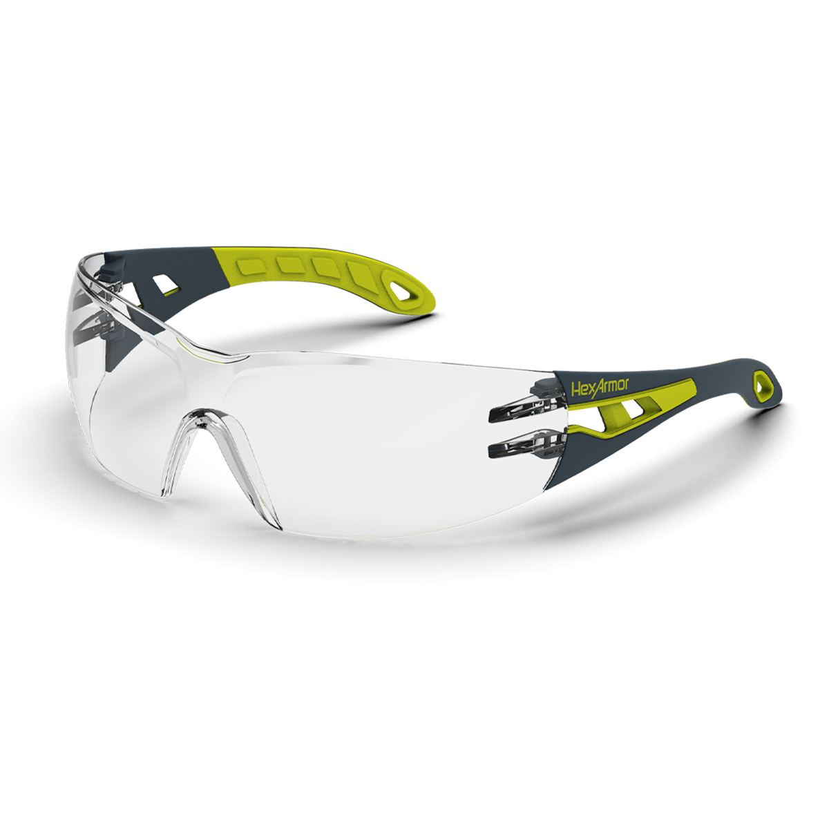 Grey and yellow MX200 anti-fog safety glasses shown as they are sitting on a table.