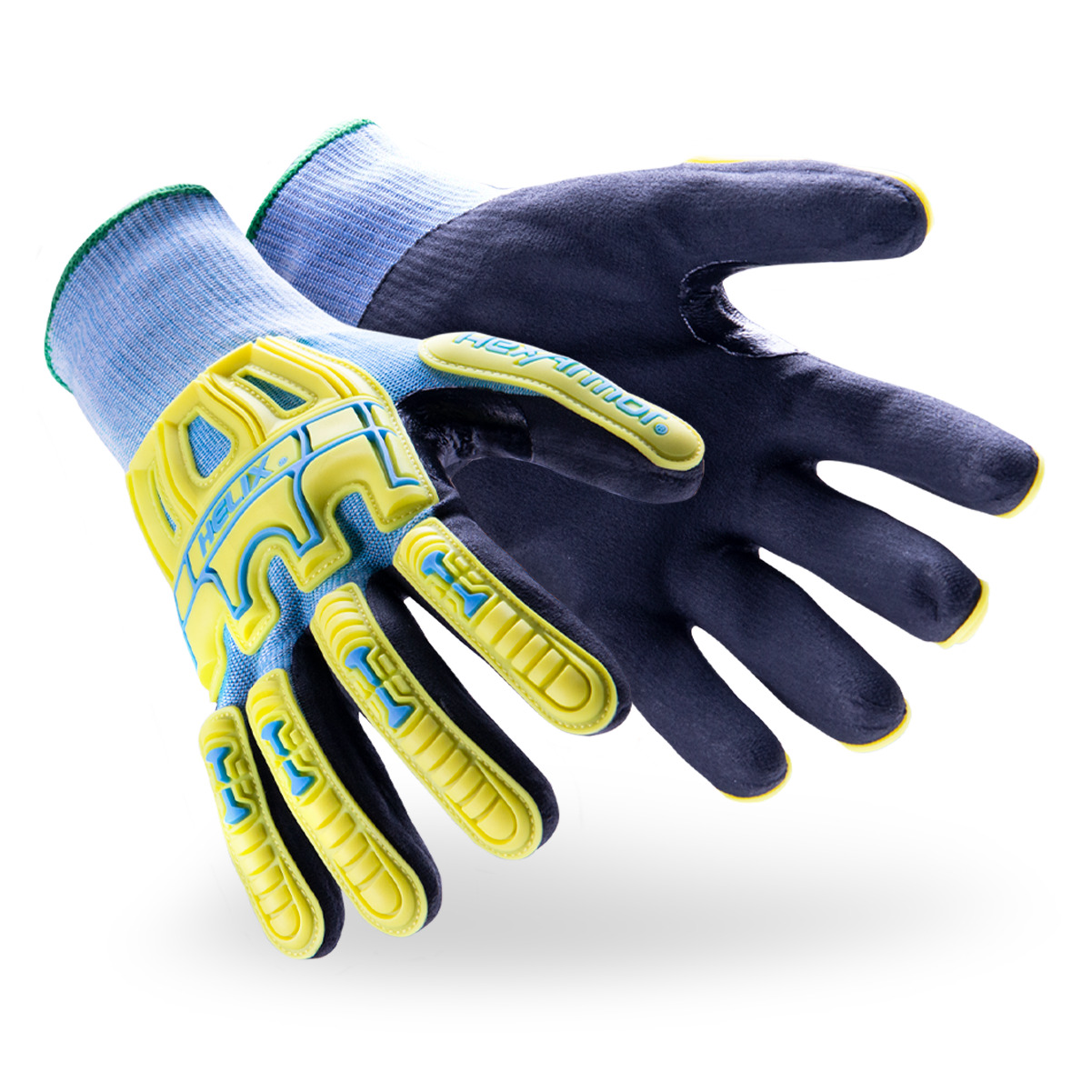 Black, hi-vis, and blue Helix 3010 impact-resistant gloves shown side by side as they might appear on your hands.