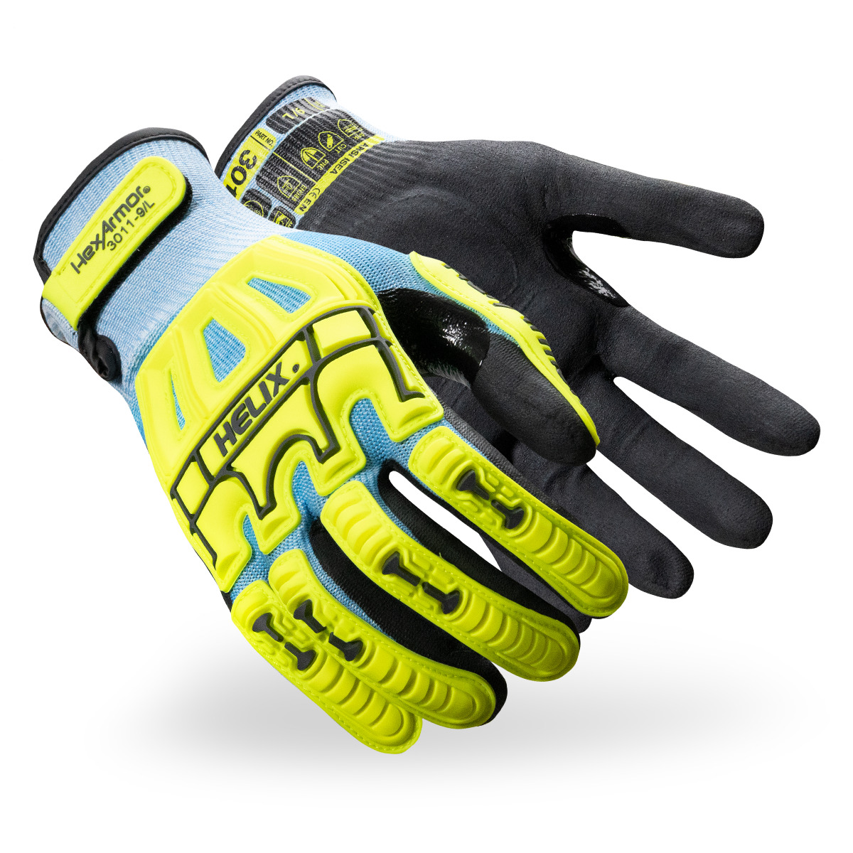 Blue and hi-vis Helix 3011 impact gloves as they might appear on your hands.