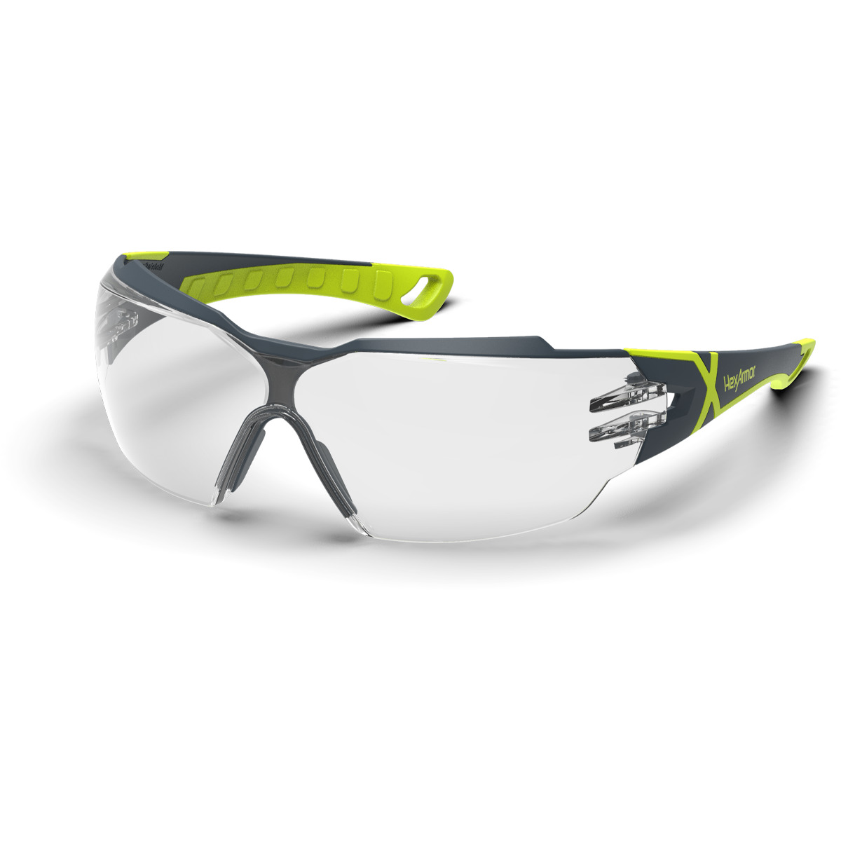 Grey and yellow MX300 anti-fog safety glasses shown as they are sitting on a table.