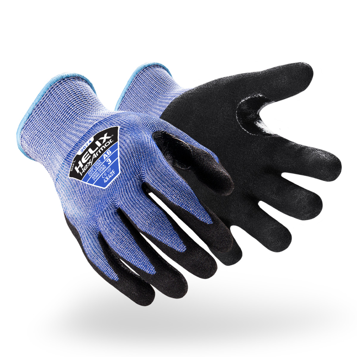 Blue and black Helix 2074 cut-resistant gloves shown side by side as they might appear on your hands.