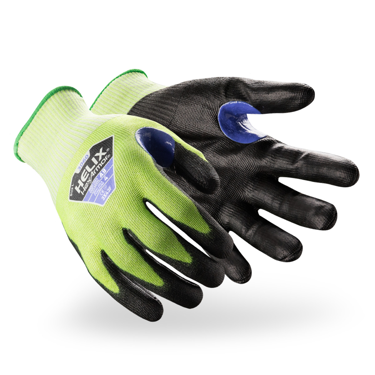Hi-vis Helix 3060 cut-resistant gloves as they might appear on your hands.