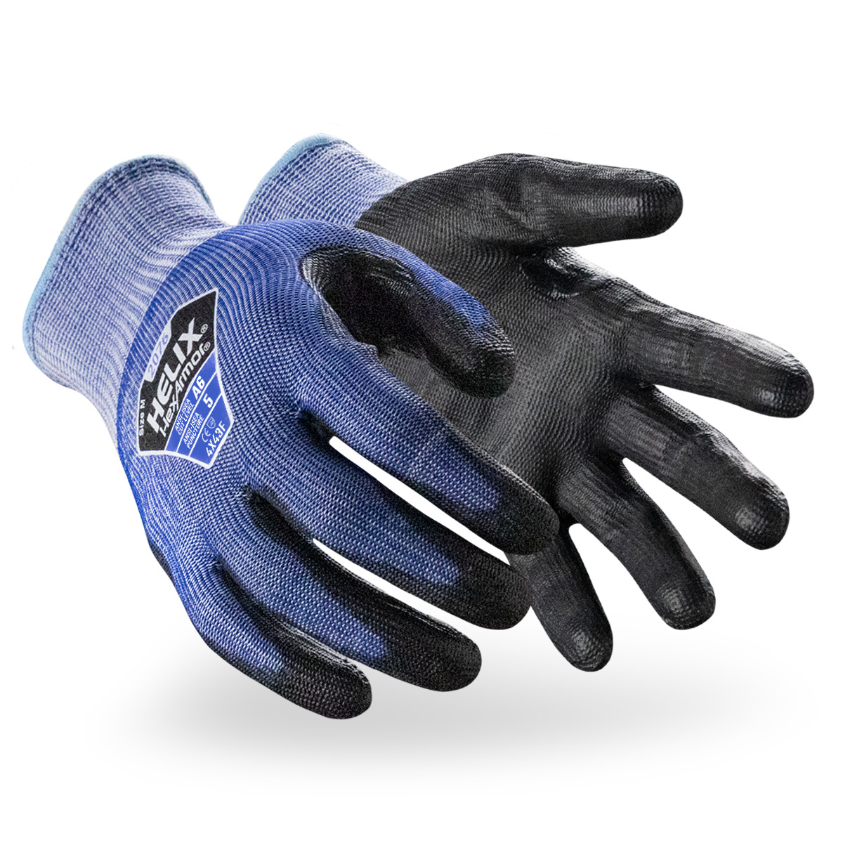 Blue and black Helix 2076 cut-resistant gloves shown side by side as they might appear on your hands.