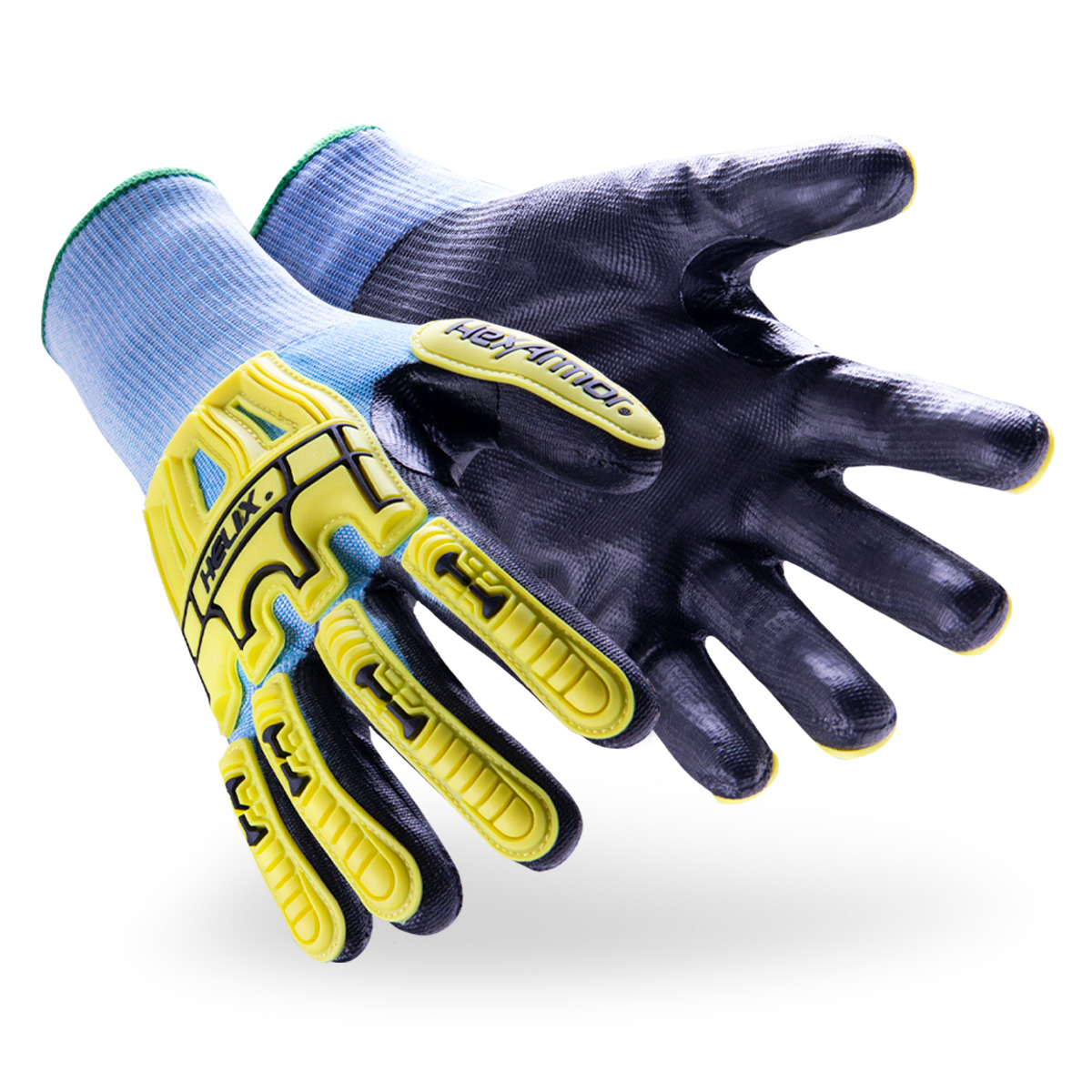 Black, hi-vis, and blue Helix 3012 impact-resistant gloves shown side by side as they might appear on your hands.