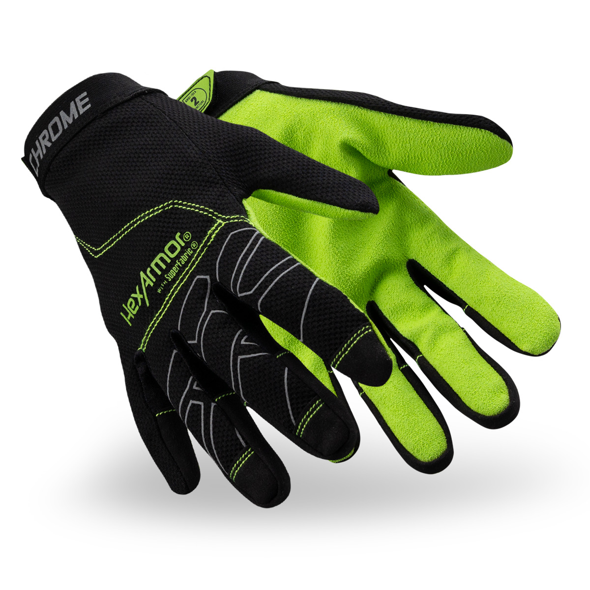 Black and hi-vis palm Chrome Series 4023 cut-resistant safety glove as they might appear on your hands.