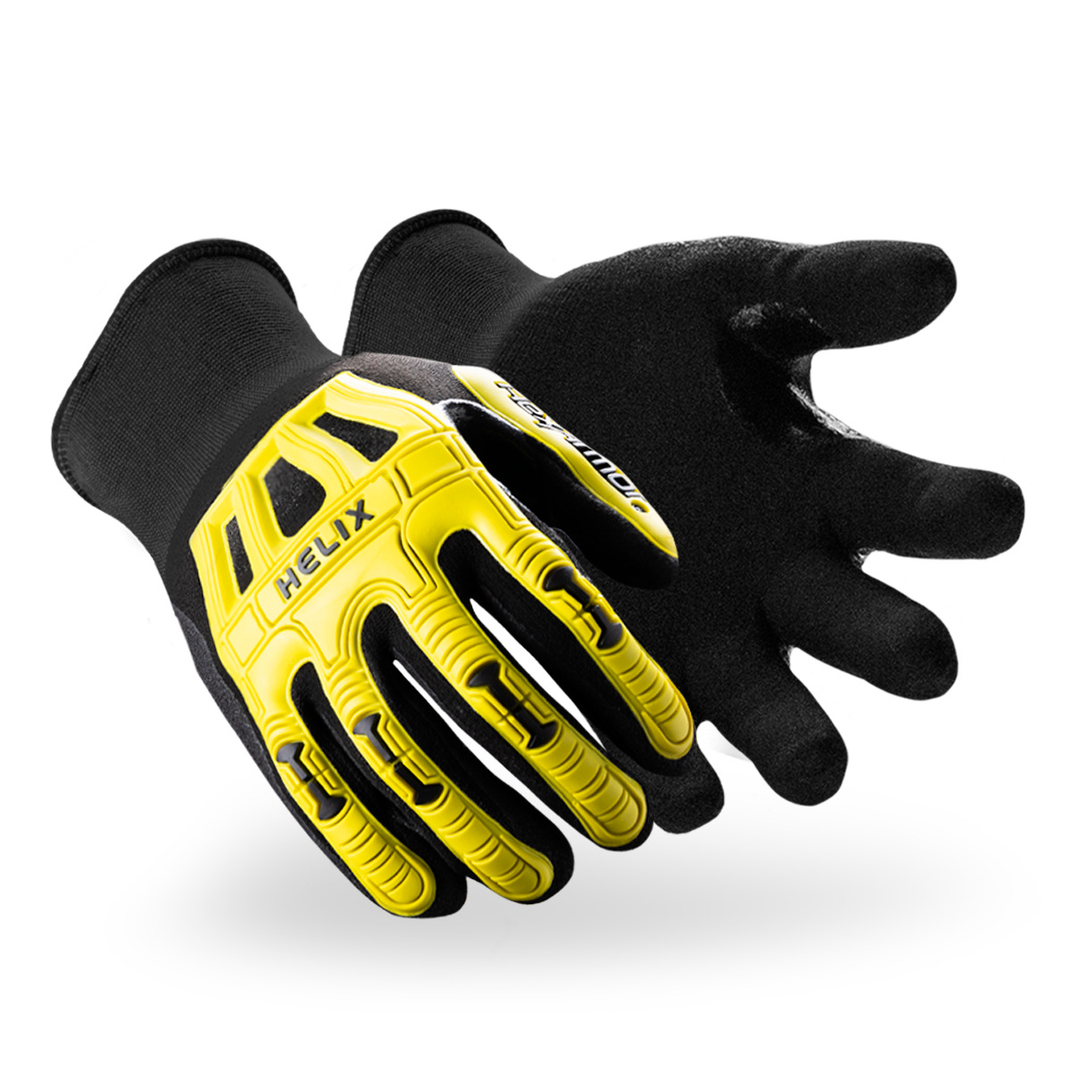 Black and yellow Helix 1095 impact-resistant gloves shown side by side as they might appear on your hands.