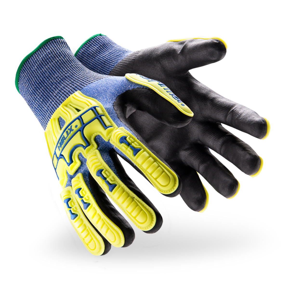 Black, blue, and hi-vis Helix 3015 impact gloves shown side by side as they might appear on your hands.